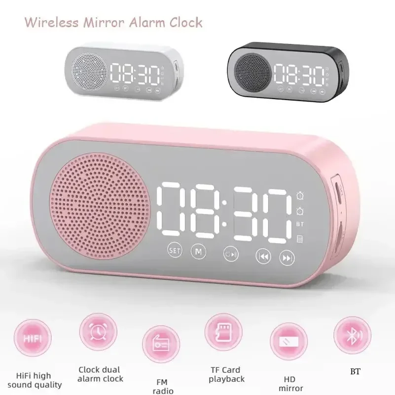Alarm Clock Bluetooth Speaker, Digital Alarm Clock Radio with LED Mirror Display, Loud Alarm Clock for Heavy Sleepers