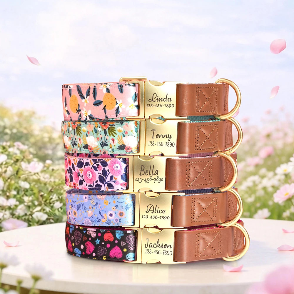Personalized Dog Collar Floral Nylon Dog Collars Printed Pet Necklace Soft for Small Medium Large Dogs Multiple Fonts Choices