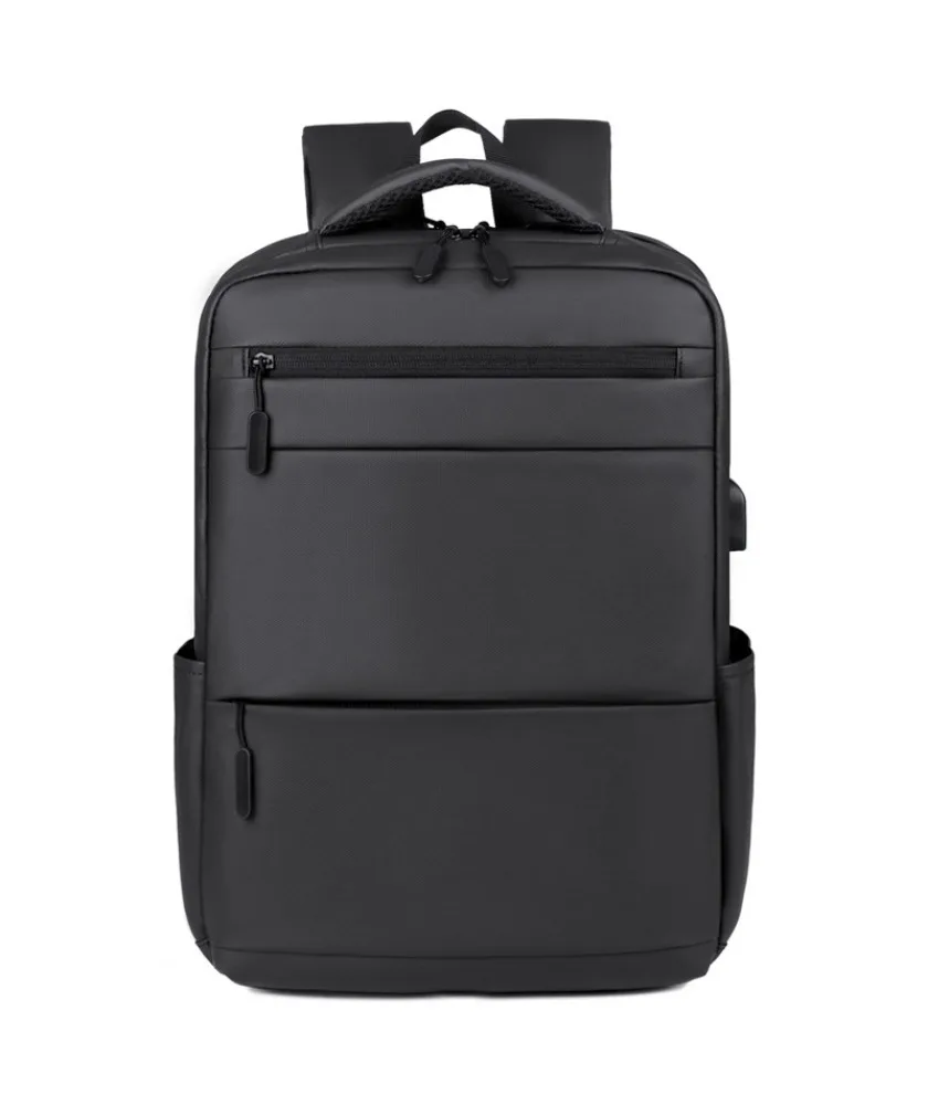 Navy blue business laptop backpack with USB port multi zippered compartments water resistant fabric suitable for office commute