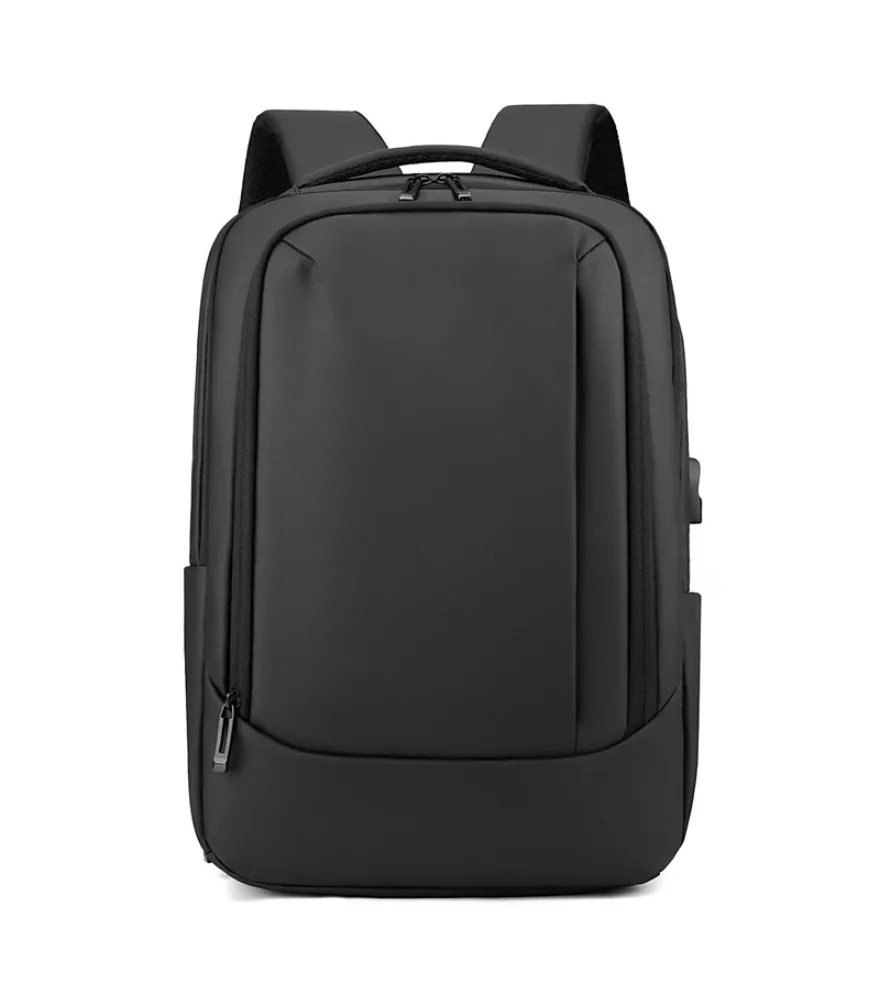 Black double layered daily backpack with side USB interface anti splash scratch resistant fabric for office worker casual use
