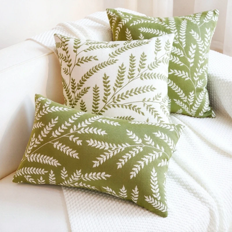 Botanical Leaf Throw Pillow Cover White Green Fern Pattern Cushion Cover for Sofa Bedroom Living Room Decor 45x45cm 30x50cm
