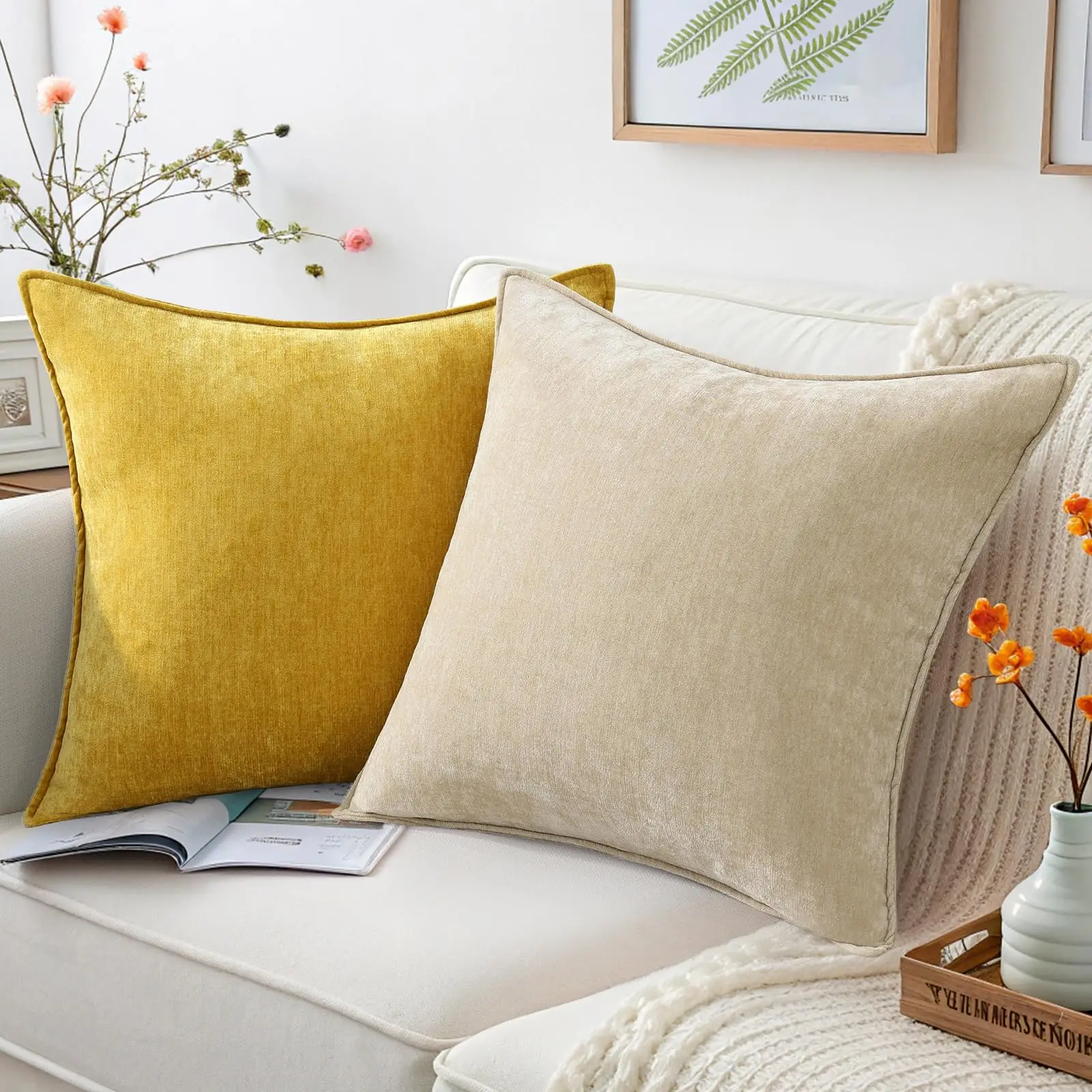 Couch Throw Pillow Covers Set of 2,Decorative Soft Euro Neutral Chenille Pillow Covers with Elegant Design for Sofa Home Decor