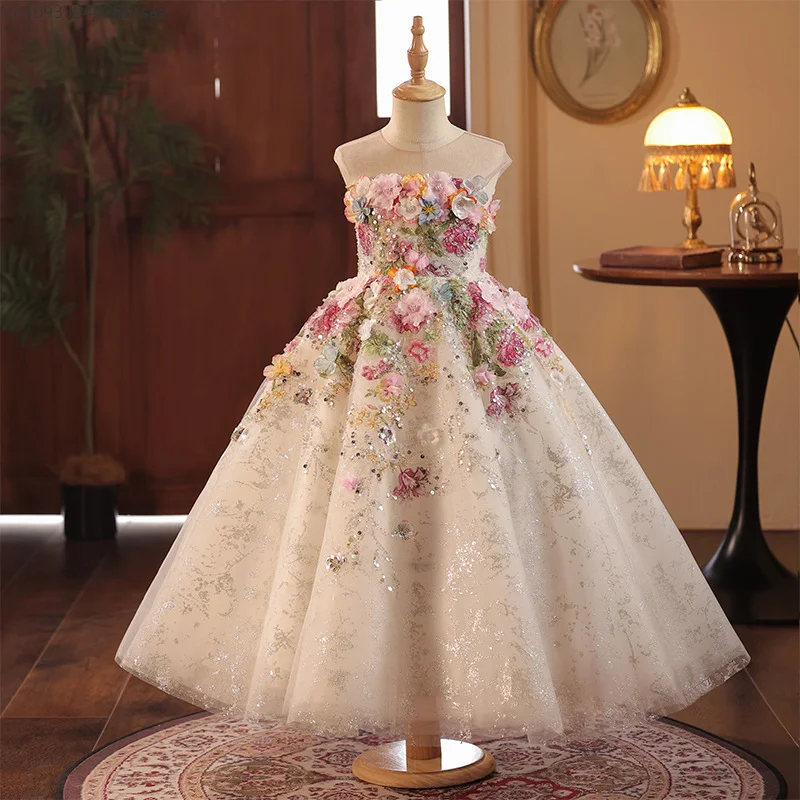 Girls' Forest Flower Style Series Host Walk Show Piano Performance Birthday Party Lace Sleeveless Princess Dress