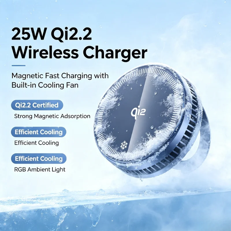 Qi2.2 25W Wireless Charger with Cooling Fan & RGB Light Magnetic Fast Charging Stand Phone Holder for Samsung iPhone
