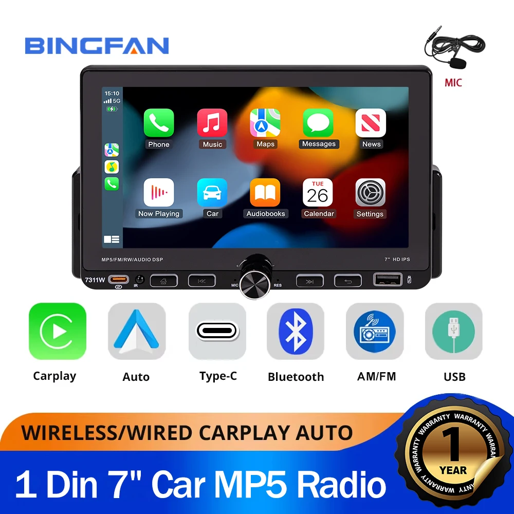 1 Din Universal Wireless Carplay Android Auto Car Radio Multimedia GPS Navigation Bluetooth Music FM AM RDS Touch Screen
