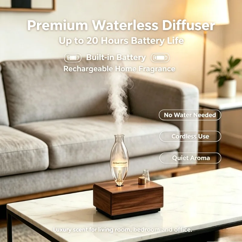 Rechargeable Waterless Nebulizing Essential Oil Diffuser Wooden Glass Cordless Aromatherapy Nebulizer Home Fragrance Diffuser