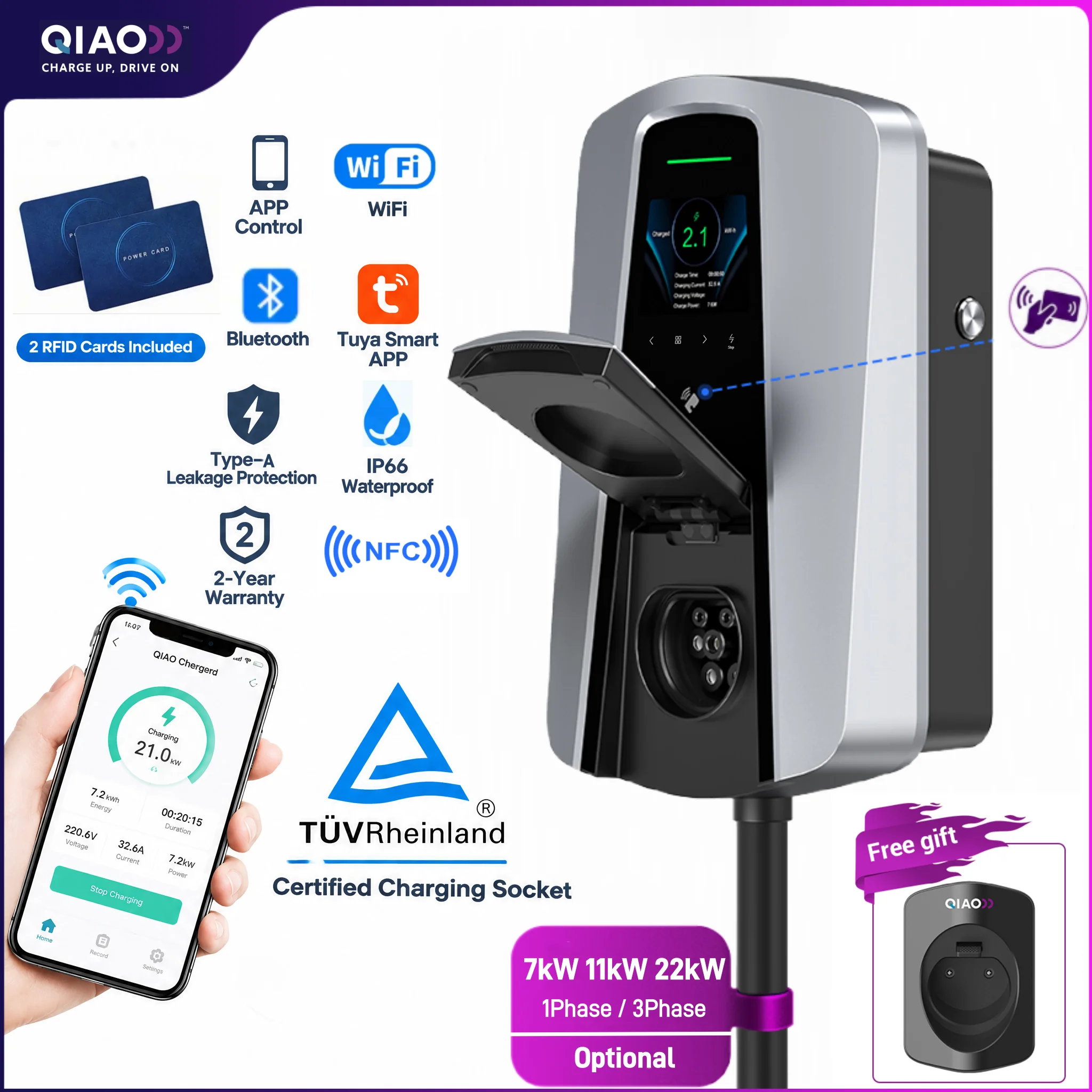 7.4KW Type2 EV Charger Socket Version 11KW 22KW Electric Vehicle Wallbox Car Charger IEC62196-2  RFID WIFI APP Control CEE Plug