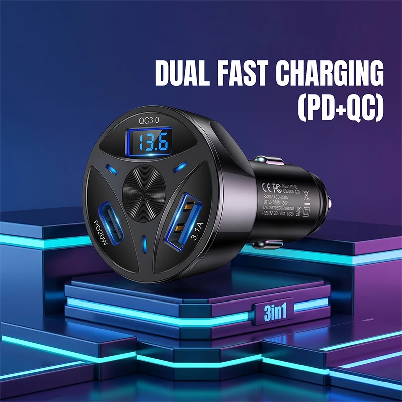 55W 3 Ports Multi USB PD Car Charger Quick Charging Adapter QC3.0 Fast Car Charge Type C USB For iPhone 17 For Samsung Series