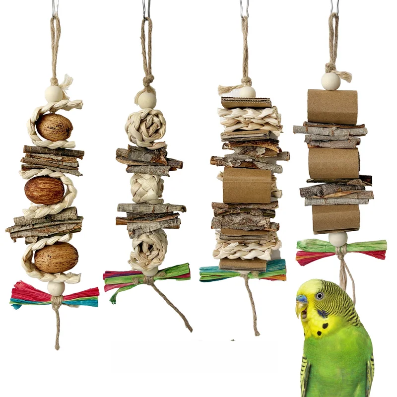 Parrot Chew Toy Natural Bark Nut Paper Shell Corn Husk Hanging String Foraging Beak Grinding Parakeet Conure Bird Cage Accessory