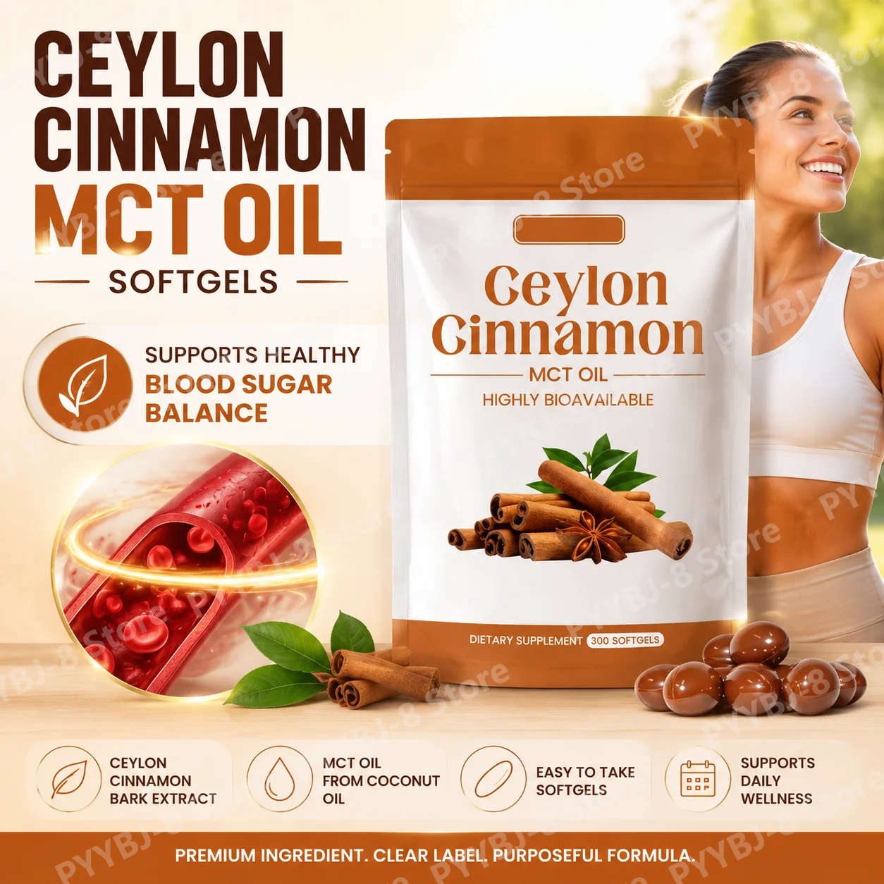 Ceylon Cinnamon Bark Extract Softgels for Blood Sugar Support, Antioxidant Support, Immune Support, and Energy - 300 Softgels