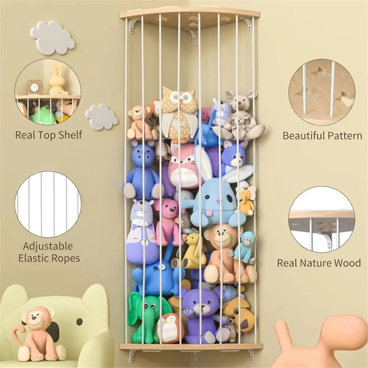 1Pcs Stuffed Animal Storage Wood Corner Plush Toys Holder with Star Pattern, Length Adjustable Hanging Stuffed Animal