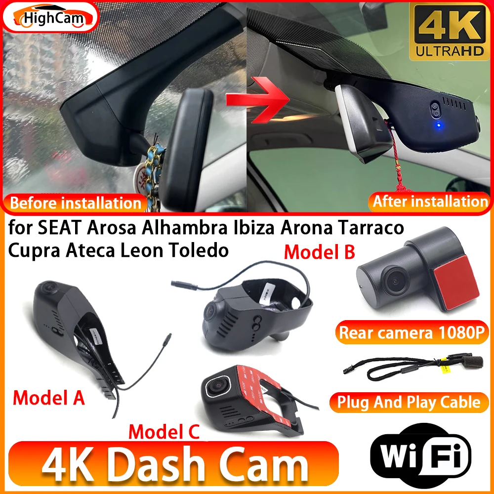 for SEAT Arosa Alhambra Ibiza Arona Tarraco Cupra Ateca Leon Toledo OEM 4K DVR Dash Cam Front Rear Camera WiFi Video Recorder