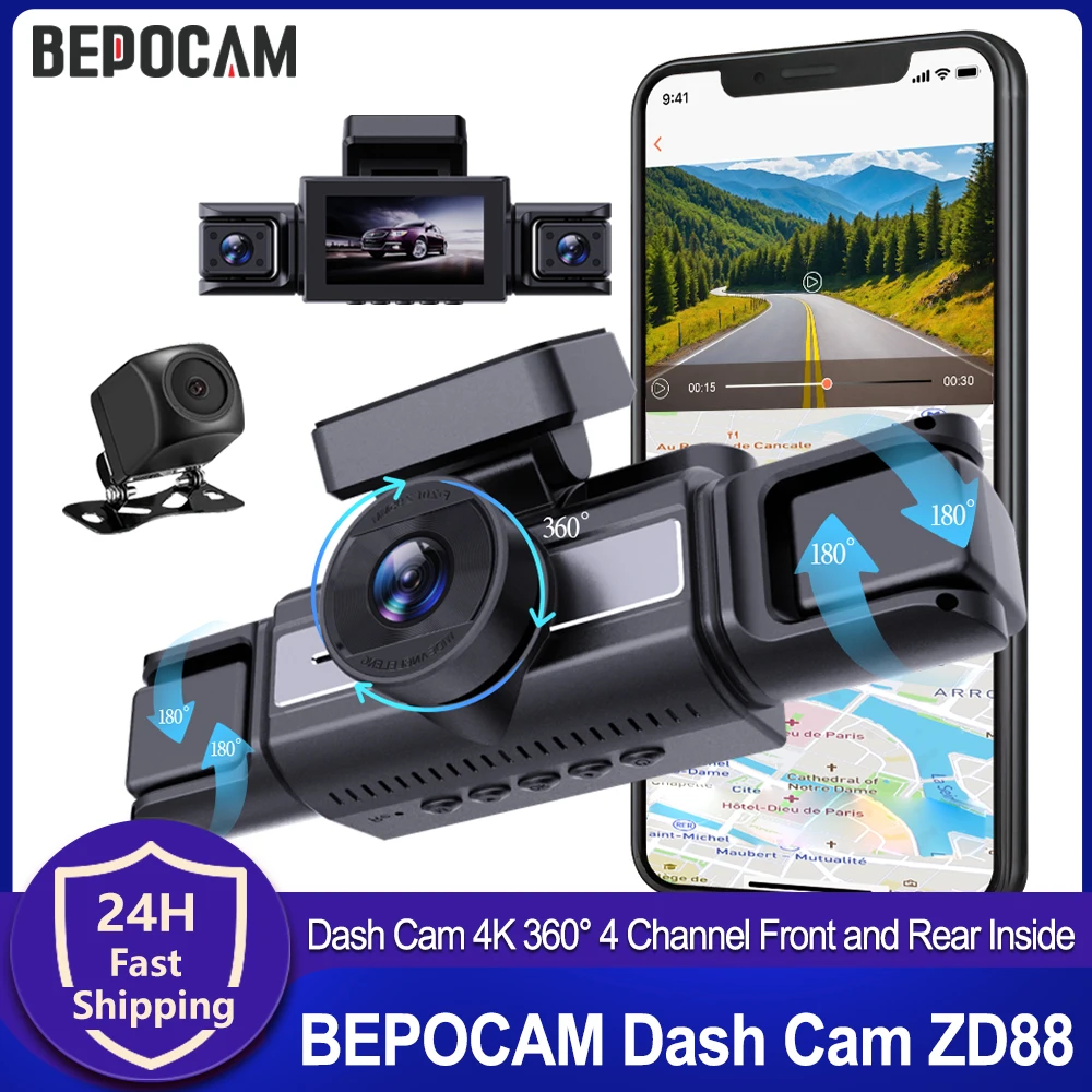 BEPOCAM 4K Dash Cam 4 Channel Front and Rear Inside 360° Car Camera for Cars DVR Built-in WiFi WDR Night Vision 24H Parking Mode