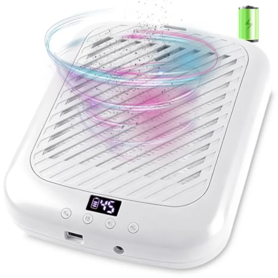Rechargeable 4500RPM Nail Dust Collector with Brushless Motor and 3 Suction Modes White Easy-Control Vacuum Extractor for Home