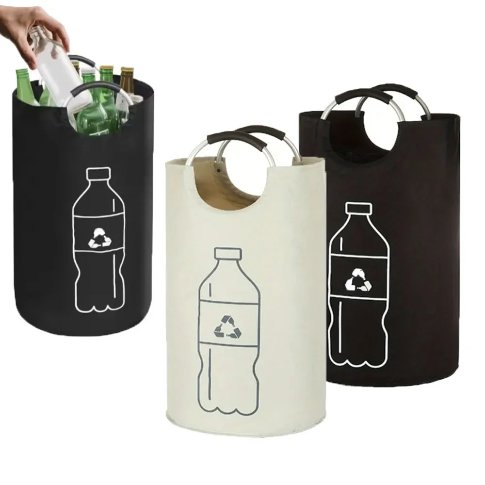 Foldable Recycling Bin for Bottles Aluminum Handle Dirty Clothes Basket 82 L Polyester Collector Home Use No Electricity Needed