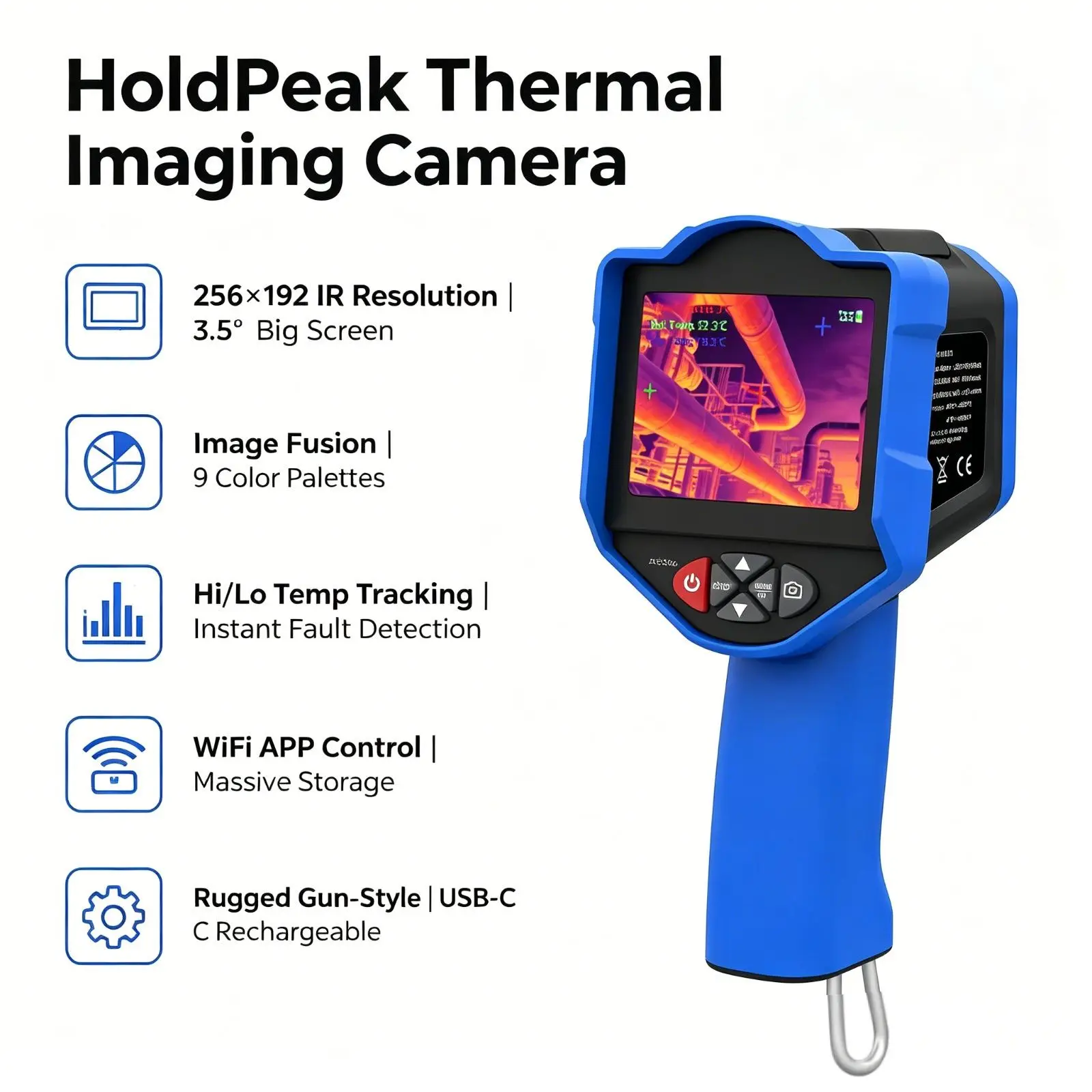 HoldPeak Thermal Imaging Camera 256x192 IR 50mK NETD +/-2C/WiFi App Hi-Lo Track Fusion for Electrical HVAC Auto Overheat Detect
