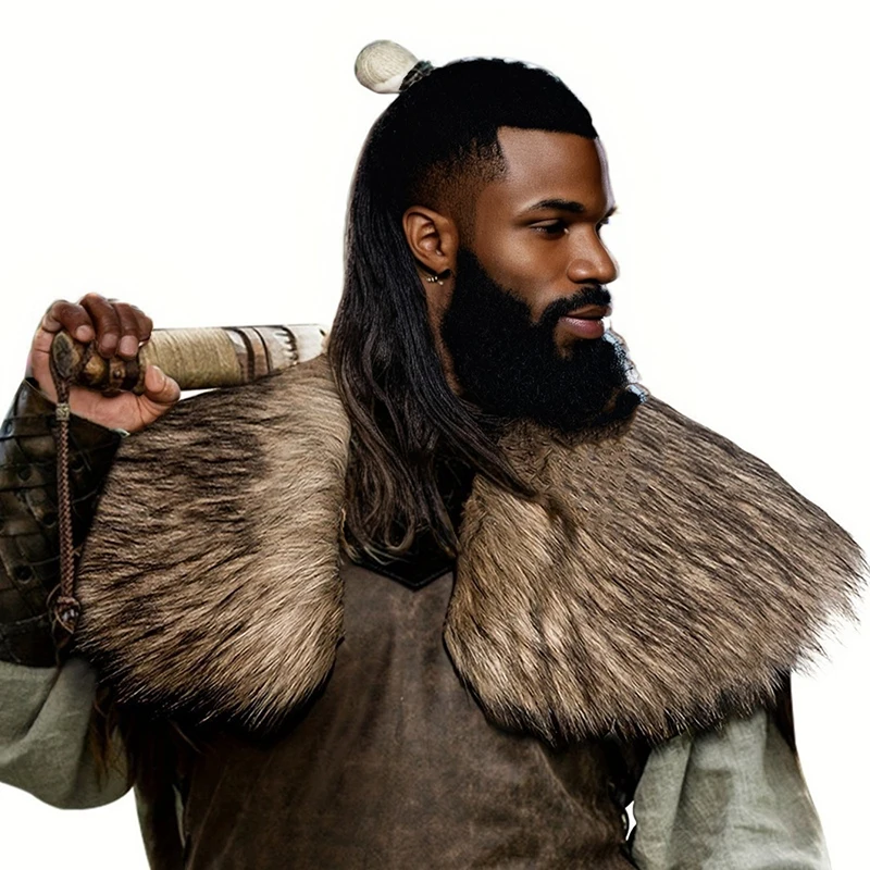 Medieval Faux Fur Collar Fur Shoulder Man Viking Fur Cape Retro Hunter Pirate Vikings Dress Up Halloween Cosplay Shoulder Wrap