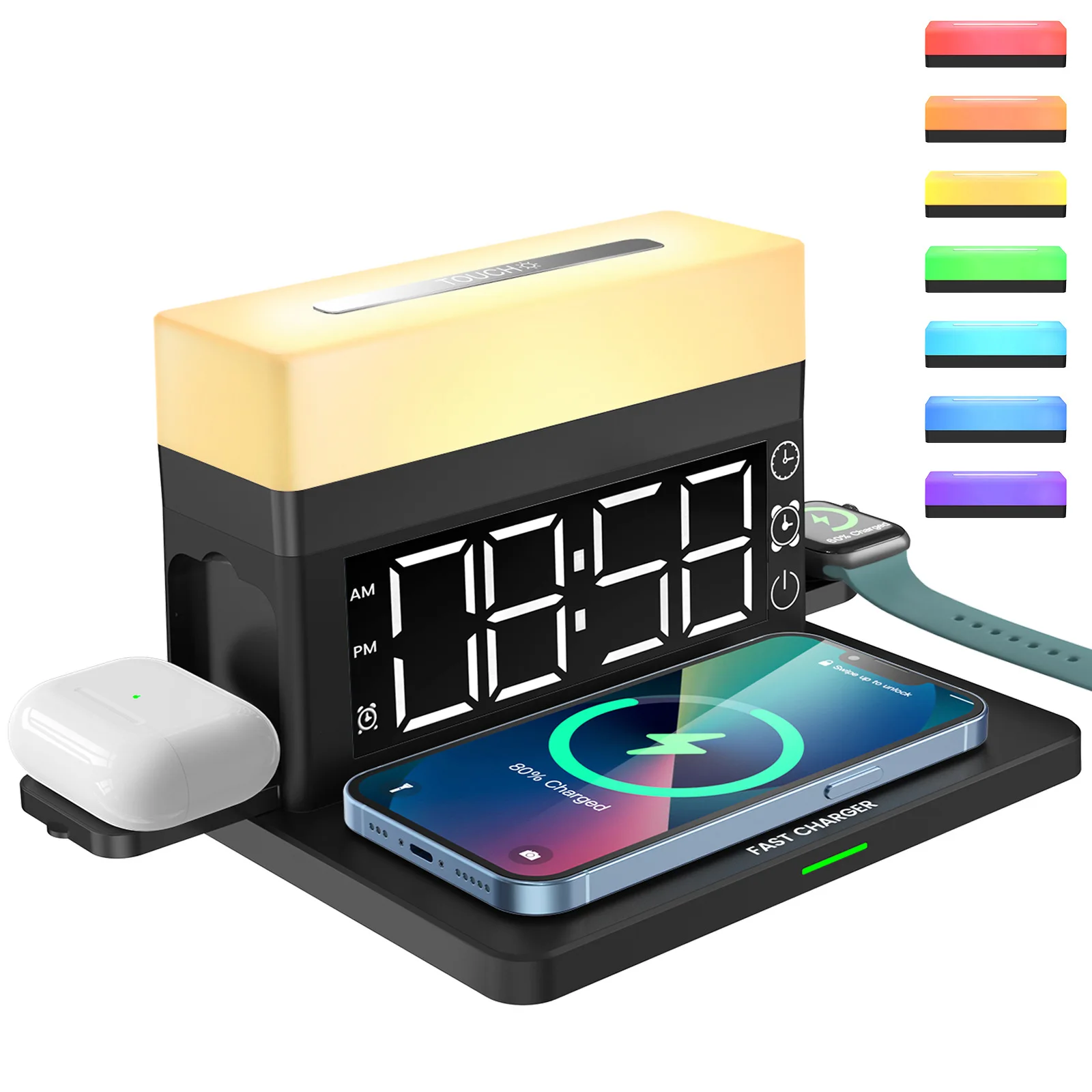 Desk Digital Alarm Clocks with 15W Wireless Charging for Airpdos Apple Watch Night Light 6 in 1 for Table Bedroom Office Decor