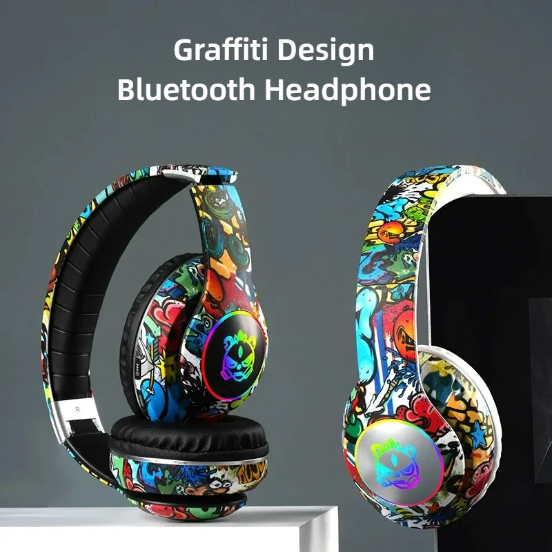 New Graffiti Wireless Overhead Headset with Mic LED Light LX-8686 High Quality TF Card Bluetooth Headphones for PC Gaming Child
