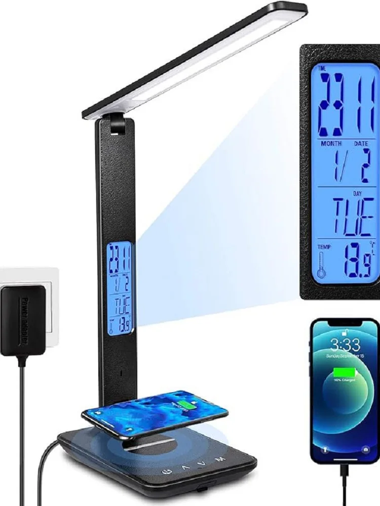 Wireless Charger office LED Desk Lamp Temperature Alarm Clock Eye Protect Study Business Light Table Lamp