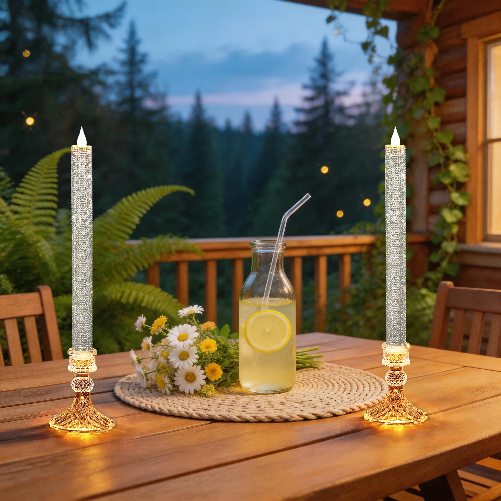 Flameless Taper Candle Set of 2 with Glass Holder, LED Flickering Battery Operated Candles with Remote Control & Timer, Realistic Flameless Candle for Christmas Wedding Party Home Decor