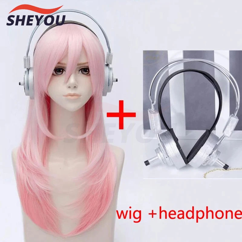 Super Sonico Supersonico 60cm Long Pink Ombre Hair Heat Resistant Cosplay Costume Wig + Toy headset Headphone Prop