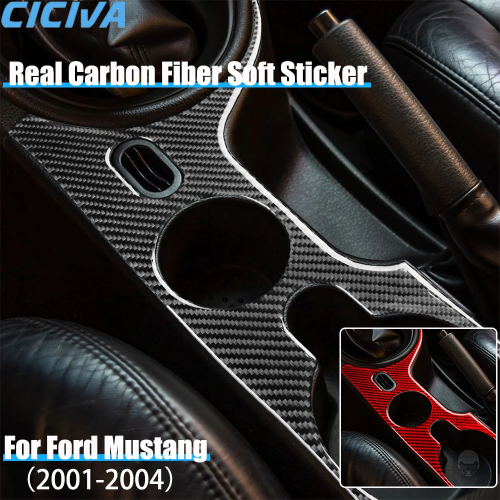 Real Carbon Fiber Car Accessories Gear Shift Cup Holder Panel Cover Soft Sticker For Ford Mustang 4th Gen 2001 2002 2003 2004
