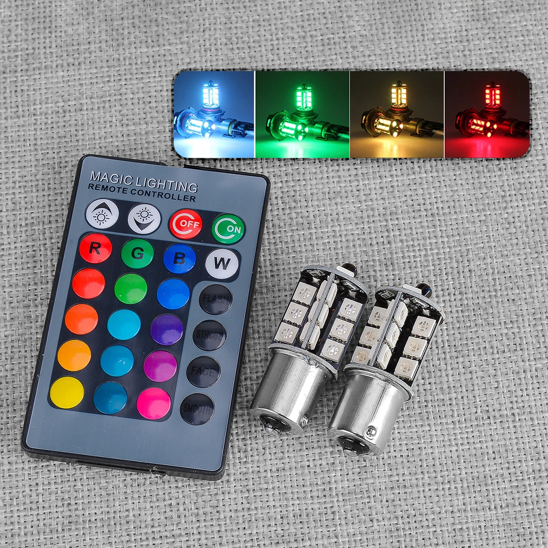 2pcs 1156 BA15S P21W 382 27SMD 5050 RGB LED Reverse Brake DRL Tail Light Lamps Bulbs with Remote Controller DC 12V 5W Universal