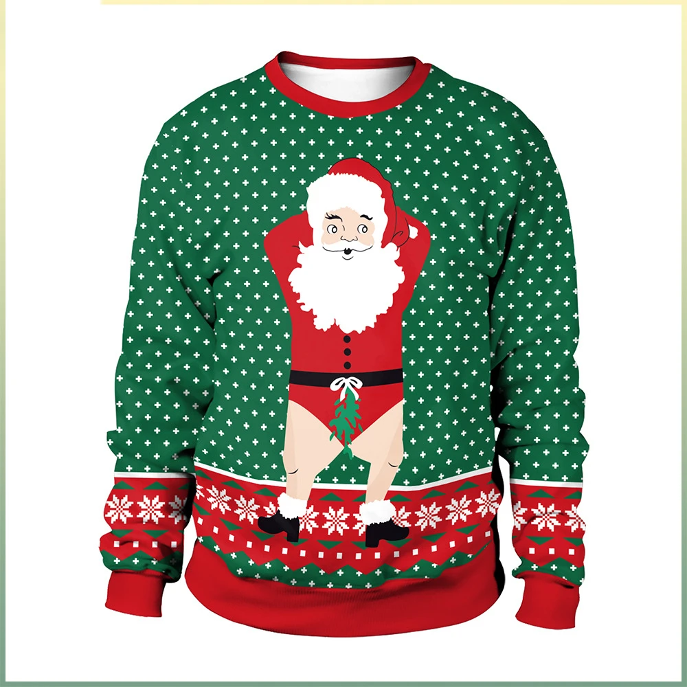 2025 Spring Santa Claus Digital Printing Christmas Pullover Round Neck Christmas Couple Outfit Sweater Women's Long Sleeve Top