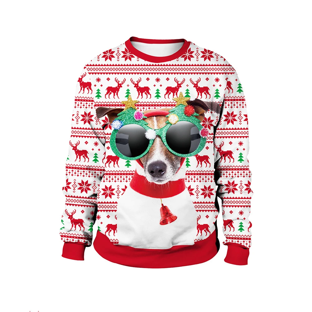 Fashionable Glasses Dog Christmas Digital Print Pattern Pullover Round Neck Christmas Couple Wear Sweatshirt 2024