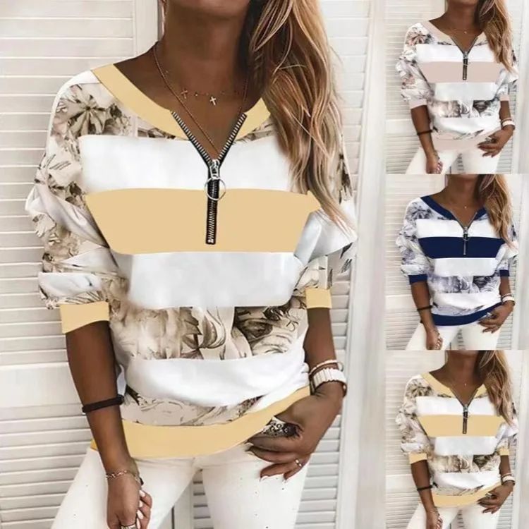2025 New Digital Printing Zipper V-neck Loose Casual Sweater Long-sleeved Top European and American Women's Clothing