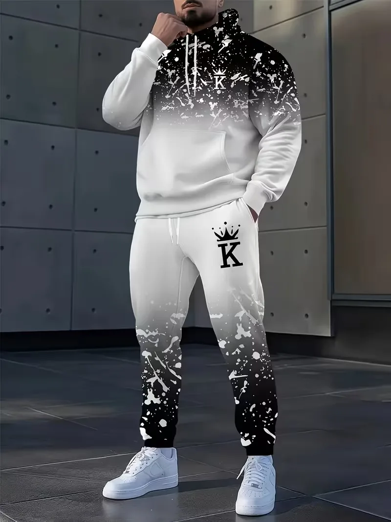 Fashion Crown Printed Hoodies and Pants 2 Piece Outfit  Autumn and Winter Casual Men's Sweatshirt Sets Outdoor Loose Sports Suit
