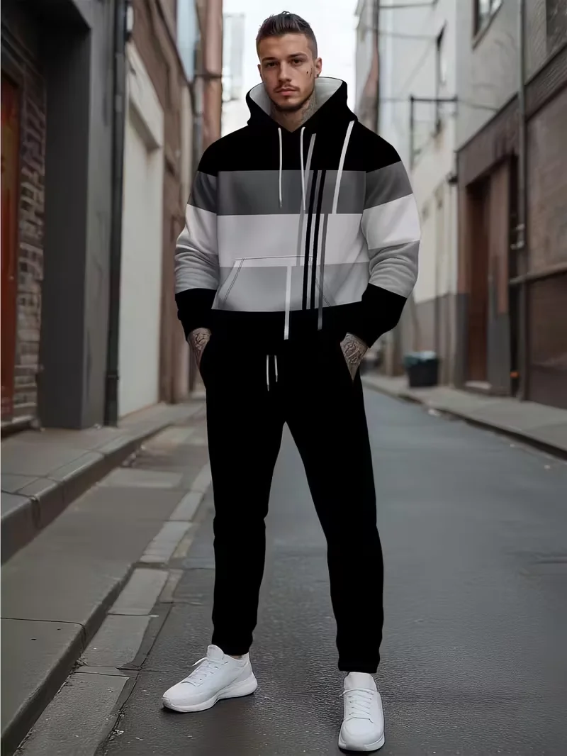 Autumn and Winter Casual Men's Sweatshirt Sets Fashion Striped Print Hoodies and Pants 2 Piece Outfit Outdoor Loose Sports Suit