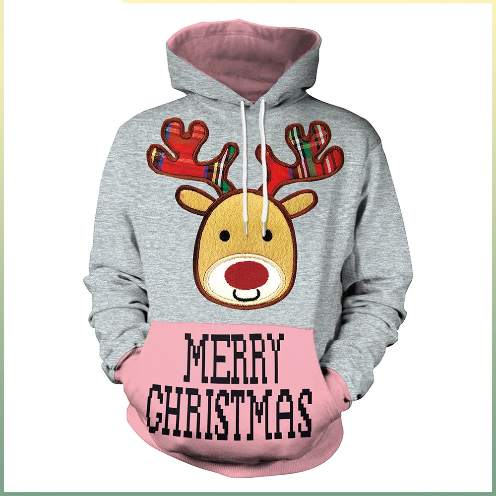 2025 Christmas Clothing Animal Deer Digital Printing Women's Clothing Loose Casual Adult Hooded Couple Sweatshirt