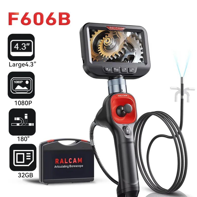 Ralcam 360° Articulating Borescope 4.3 Inch Endoscope 1080P 6.2mm Full HD Endoscope Camera with 6 LED for Industrial Inspection
