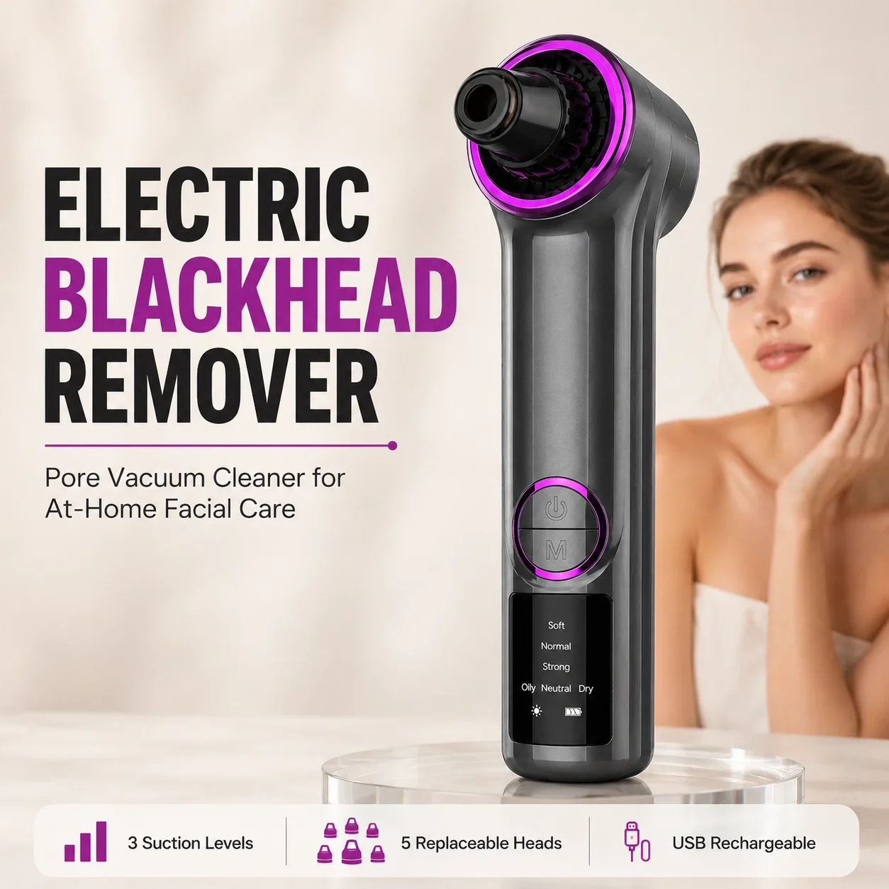 Electric Blackhead Remover Pore Vacuum Cleaner, 3 Suction Levels 5 Replaceable Probes USB Rechargeable Facial Pore Cleanser Come