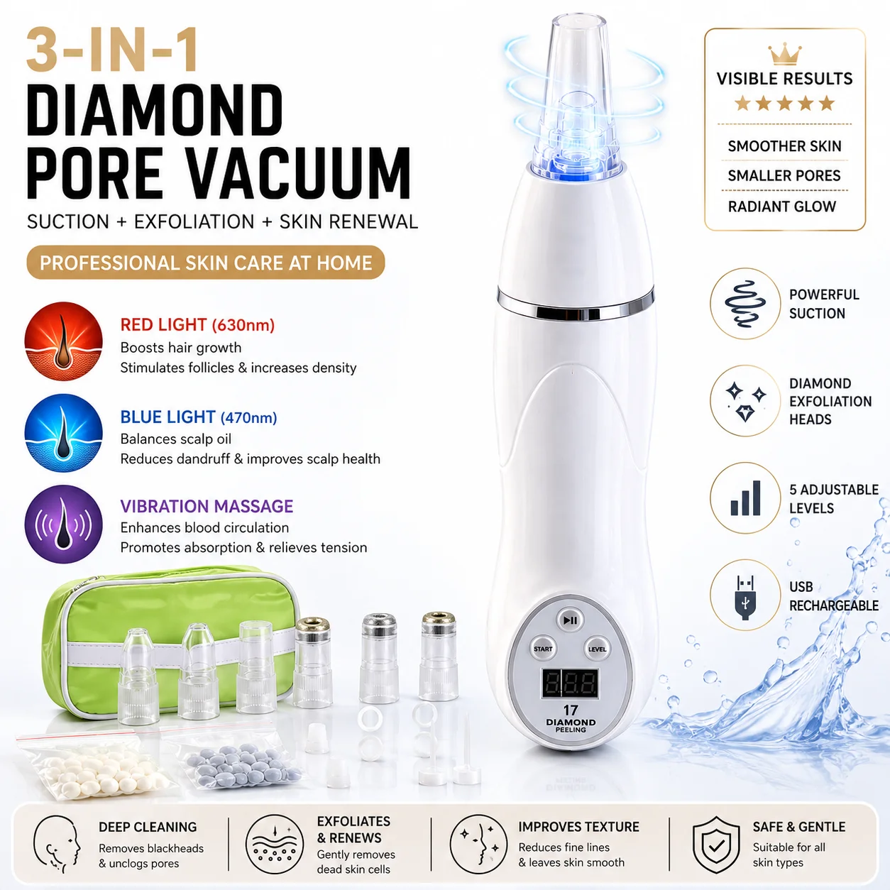 Diamond Microdermabrasion Blackhead Remover Vacuum Facial Pore Cleaner USB Rechargeable 6 Suction Tips for Home Facial Skin Care