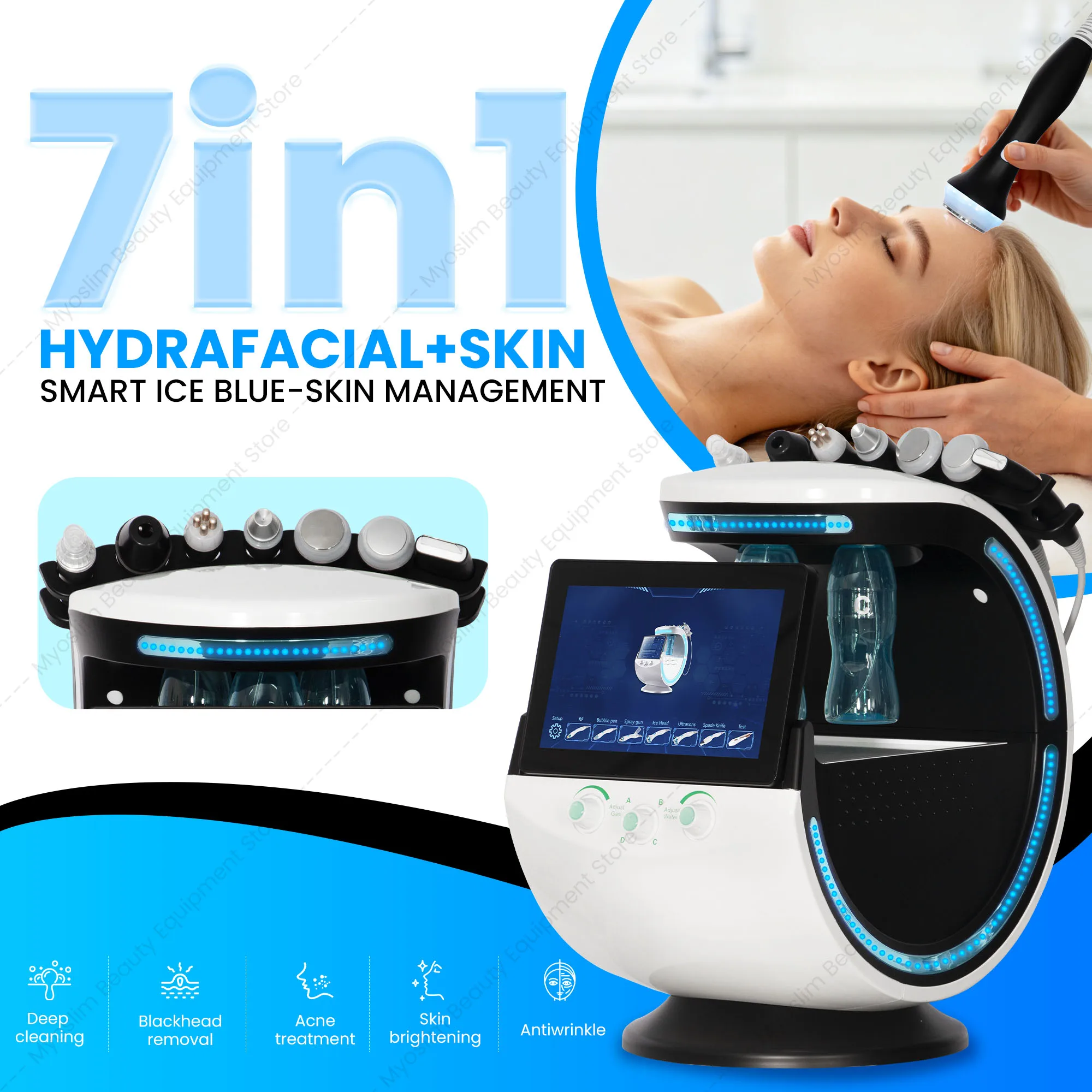 New 7 In 1 Smart Facial Cleansing Skin Analyze Deep Pore Vacuum Hydra Lift Anti-aging Beauty Machine Ice Blue