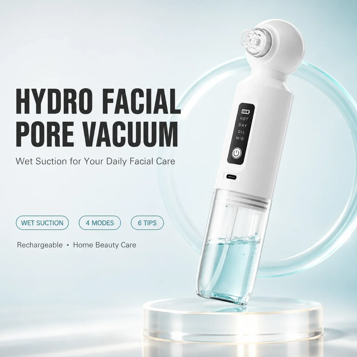 Water Vacuum Pore Cleaner Blackhead Remover Facial Cleansing Device 4 Modes 6 Heads Warm Care Rechargeable for Face T-Zone Daily