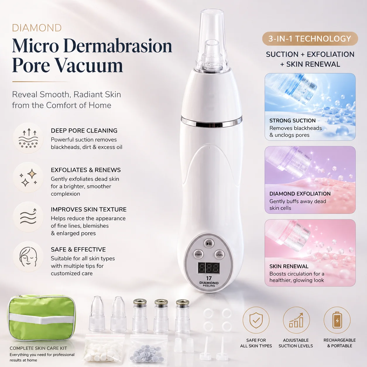 Blackhead Remover Vacuum Diamond Microdermabrasion Machine Facial Pore Cleaner USB Rechargeable 6 Tips 5 Mode for Home Skin Care
