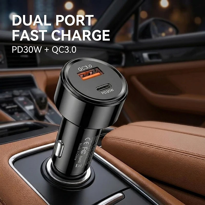 48W Dual USB Car Charger Adapter PD 30W & QC 3.0 Mini Auto Power Plug Smart Chip Protection For Mobile Phones And Tablet PC