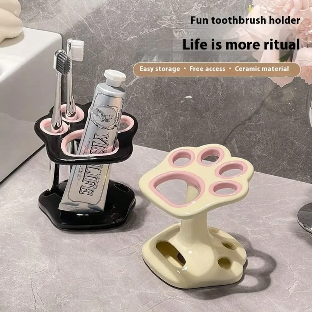 Cat Paw Shape Ceramic Toothbrush Holder Cute No Punching Toothbrush Holder Base Makeup Brush Storage Bathroom Accessories Tool