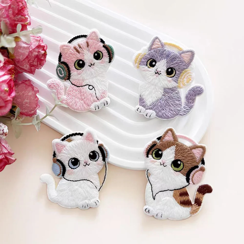 4 Pcs Cat With a Wearing Headphones Embroidery Patch For Clothing  Backpack Accessories Iron On  DIY Stickers Repair Crafts