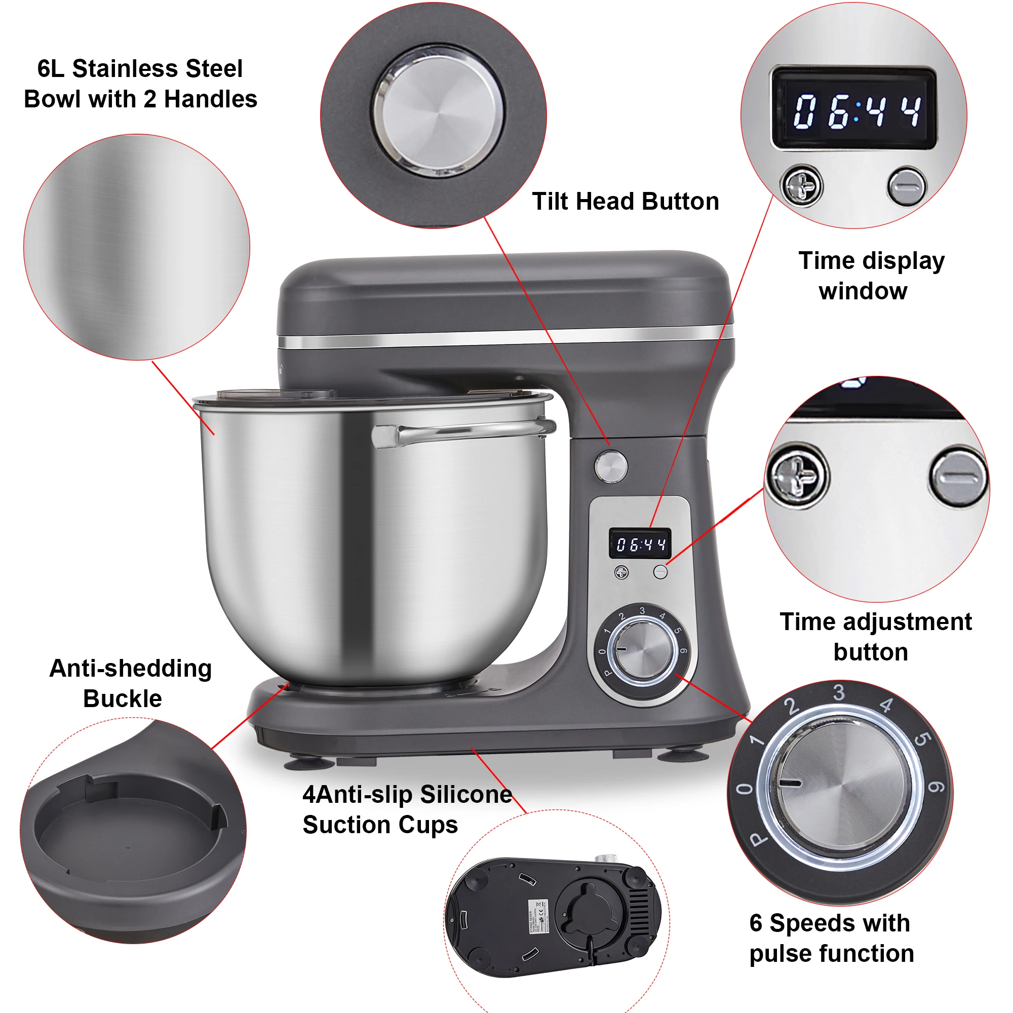 BioloMix 1200W 6L Kitchen Stand Mixer With Quiet DC Motor, 6-Speed, for Blending, Whisking, and Kneading