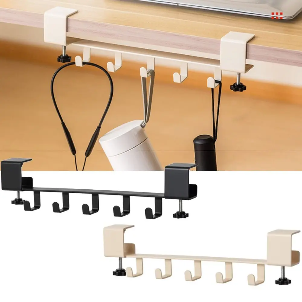 Carbon Steel Desk Side Mount Hook Adjustable Removable Desk Edge Backpack Holder 5 Hooks No-Drill Hanging Handbag Shelf