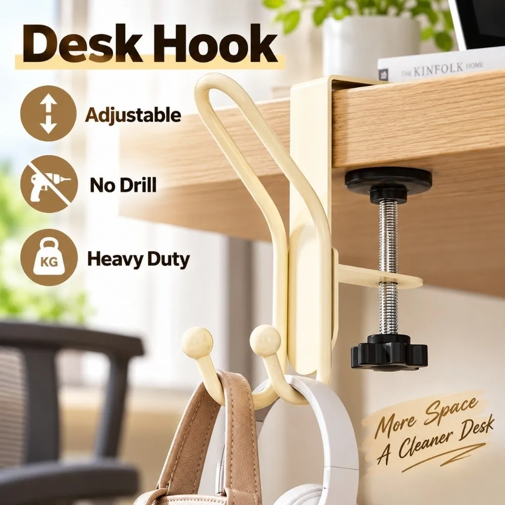 Multi Functional Adjustable Desk Hook Rotatable No Drill Backpack Hook Space Saving Heavy Duty Table Edge Hook Kitchen