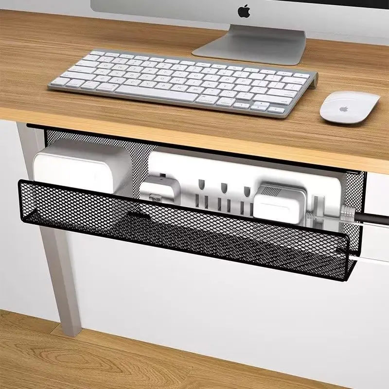 Black White Iron No-Punch Under Table Storage Shelf, Cable Management Rack, Plug Board Storage Fixed Shelf, Tool Organizer