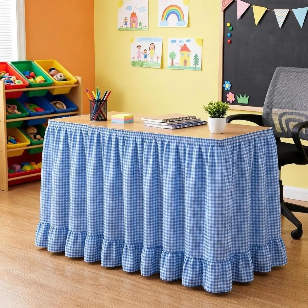 Fresh Ruffled Edge Gingham Table Skirt Hook and Loop 72in Teacher Desk Skirt One-Piece Washable Plaid Ruffled Table Skirt Party