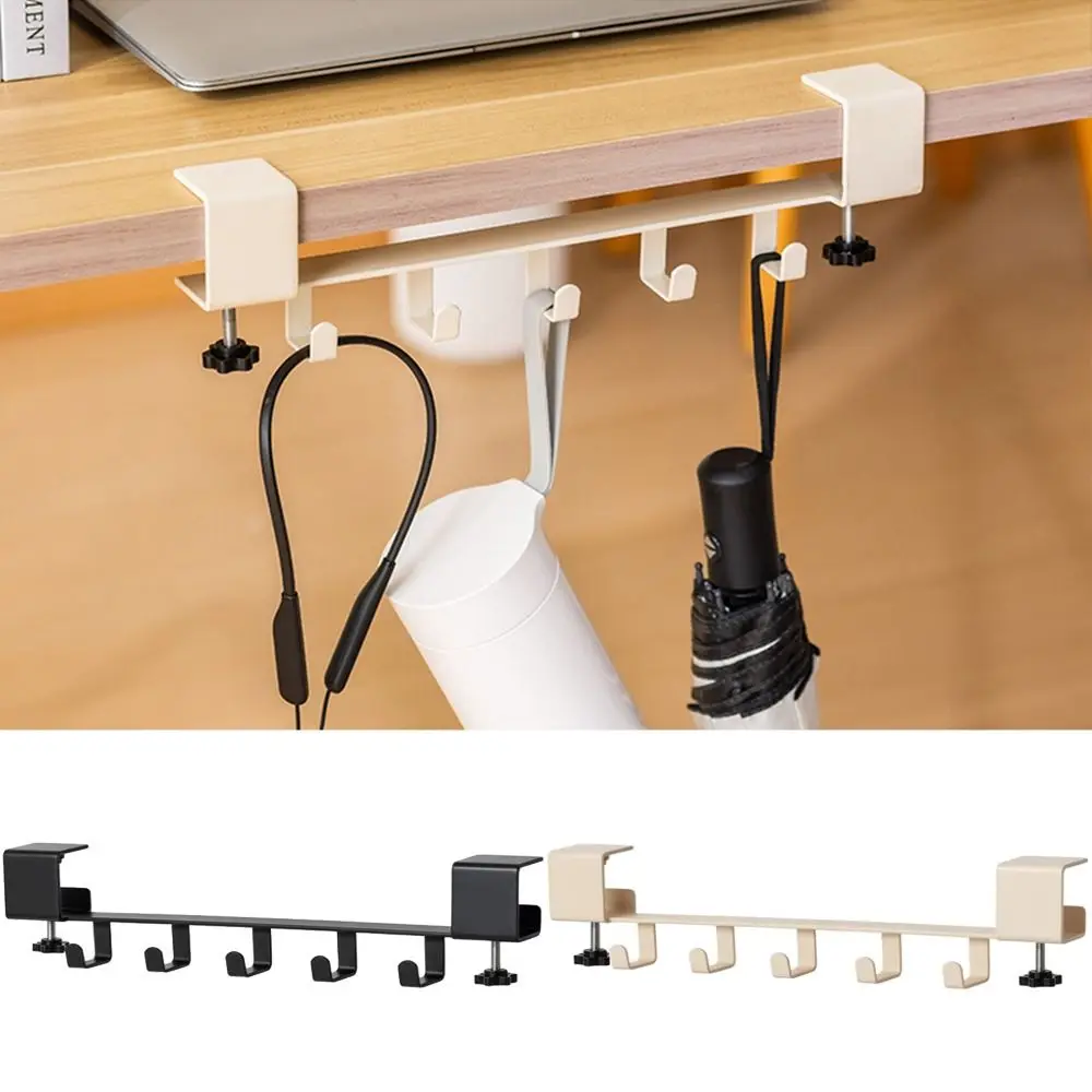 Carbon Steel Desk Side Mount Hook Adjustable Removable Desk Edge Backpack Holder 5 Hooks No-Drill Hanging Handbag Shelf School