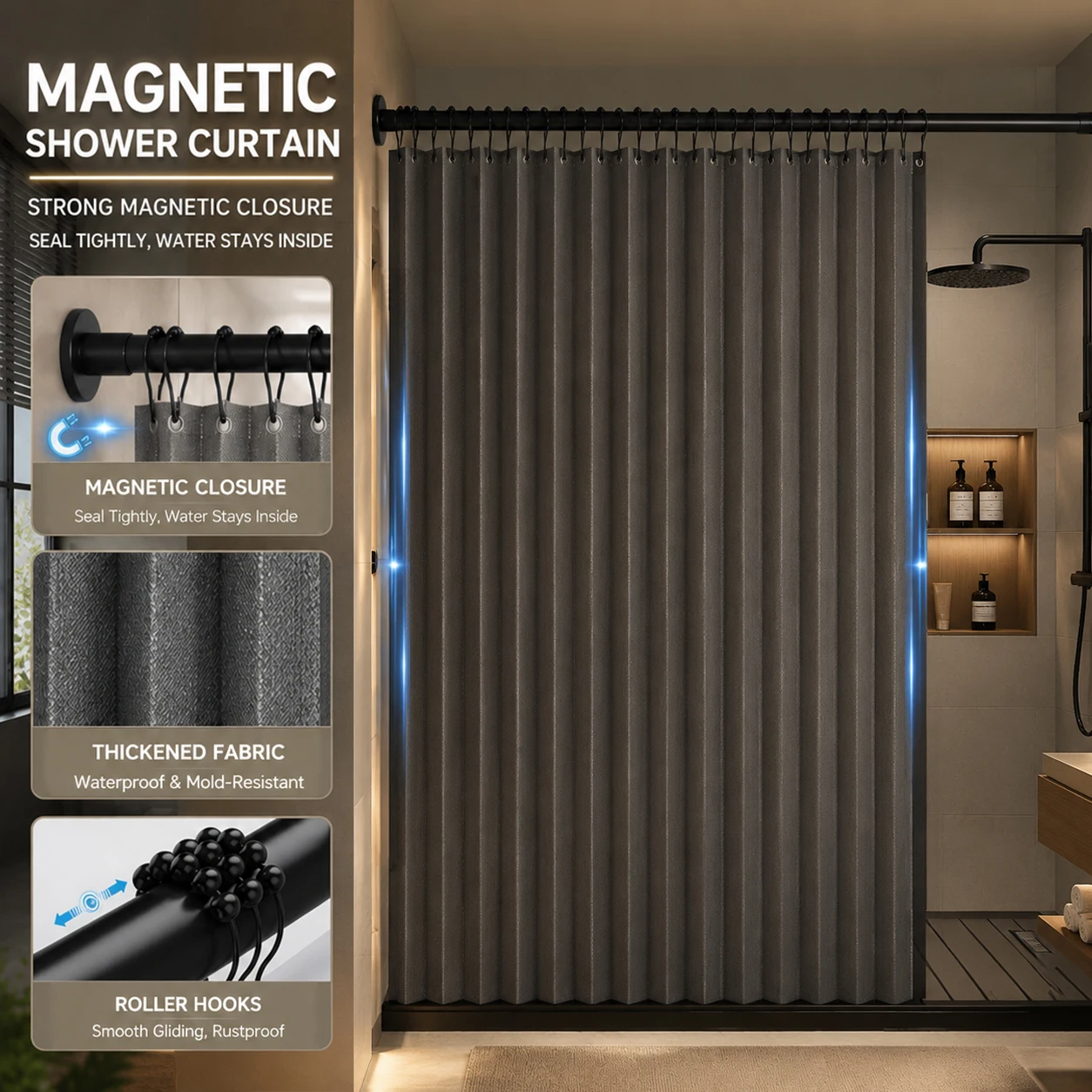 Magnetic Shower Curtain Set with Telescopic Rod Waterproof Folding Linen Like Bath Curtain No Drill Thickened Pleated Bathroom P